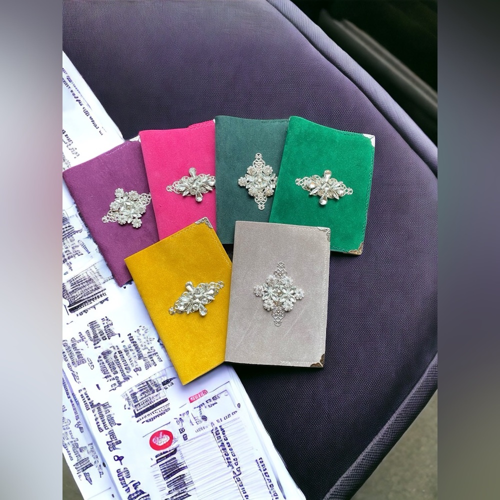 Handmade faux suede passport cover.